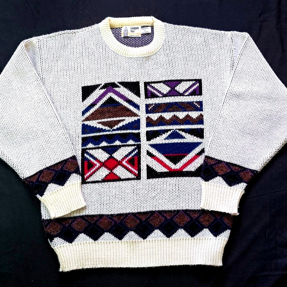 Vintage London‎ Fog Geometric Sweater Men's L Made in USA 80s  Knit